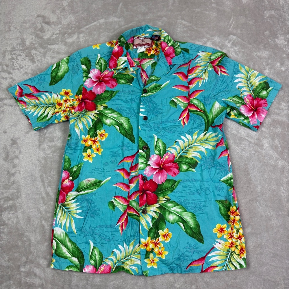 RJC Floral Hawaiian Shirt Men's S Blue Short Sleeve Button Up